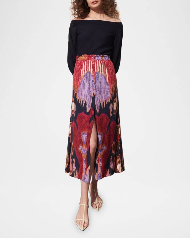Bastien Ikat-Print Button-Front Midi Skirt